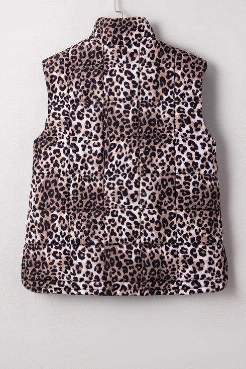 Leopard Quilted Full Zip Stand Collar Puffer Vest